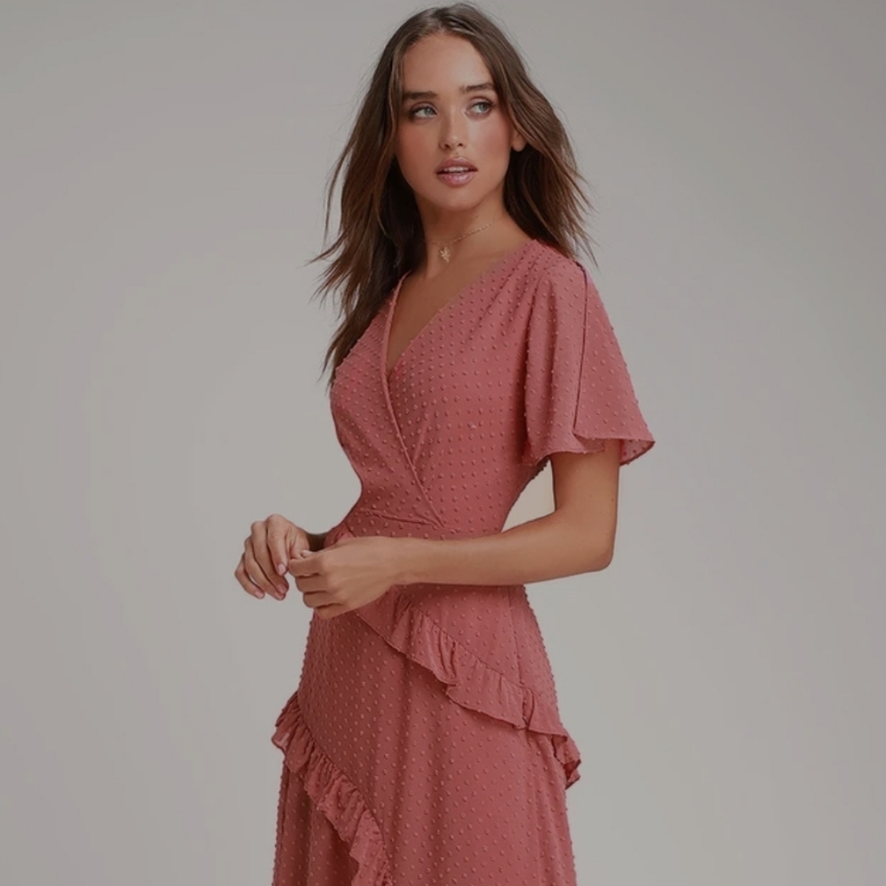 Lulus Next to You Rusty Rose Swiss Dot Ruffled Midi Dress NWT